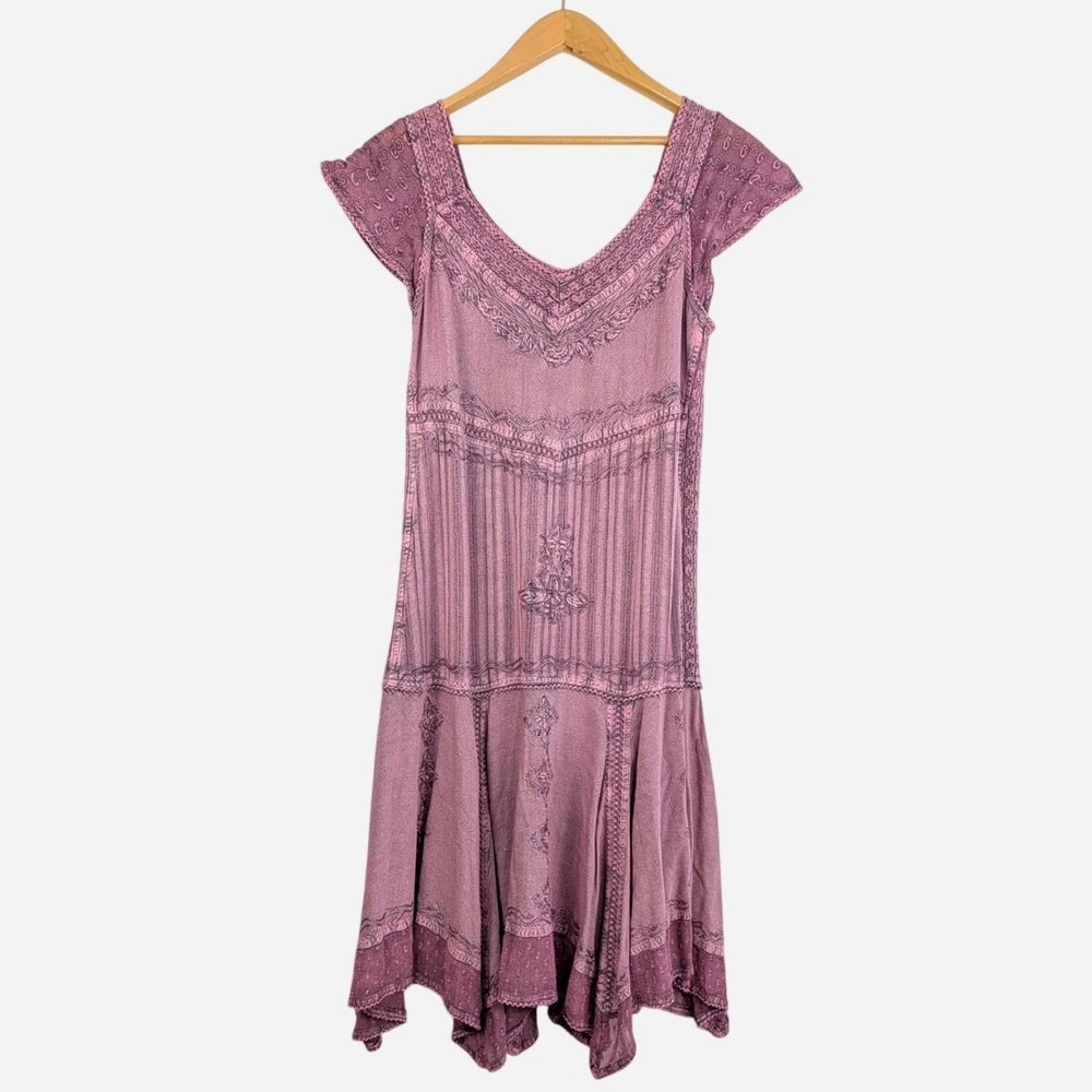 Sacred Threads Embroidered Lace Up Tiered Dress Purple Size S/M